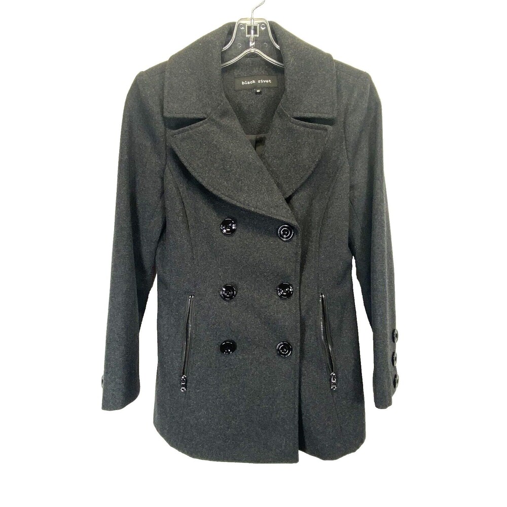 Black Rivet Women's Double Breasted Pea Coat Wool Blend Charcoal XS EUC